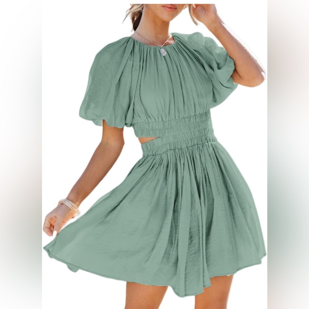 AlvaQ Women Crewneck, Casual Puff Sleeve, A Line Short Mini Dress with Pockets